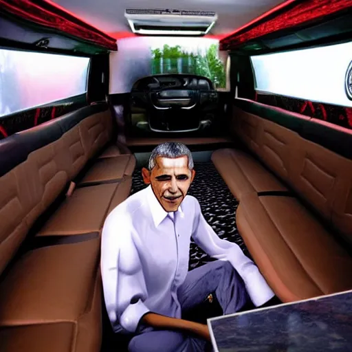 Prompt: barack obama on pimp my ride sitting in his newly upgraded presidential limo complete with a playstation 2, and a minibar. there are also neon lights in the interior.