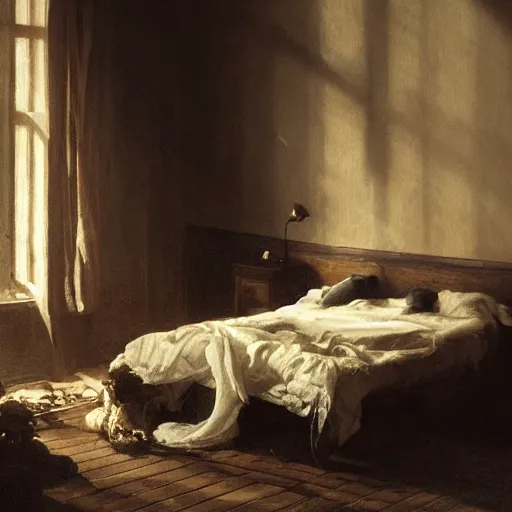 Image similar to dark room with a shadow figure standing in front of the bed while a person sleeps in it, very dim lighting, 8 k octane beautifully detailed render, post - processing, extremely hyper - detailed, intricate, epic composition, masterpiece, trending on artstation, detailed detailed detailed, masterpiece, stunning art by anders zorn, wonderful masterpiece by greg rutkowski,