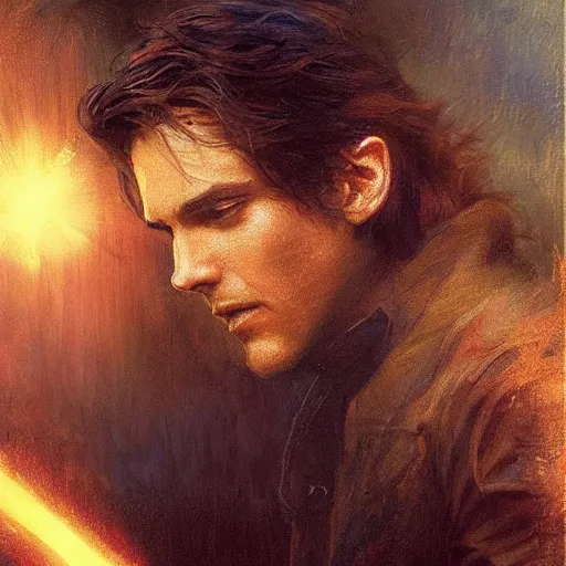 Image similar to a handsome slender young man with wavy brown hair summons a ball of light into his hand. urban fantasy. modern. dramatic. cinematic. holy. saintly. demigod. lord of light. detailed. sharp. photo realistic. realism. gaston bussiere. phil hale