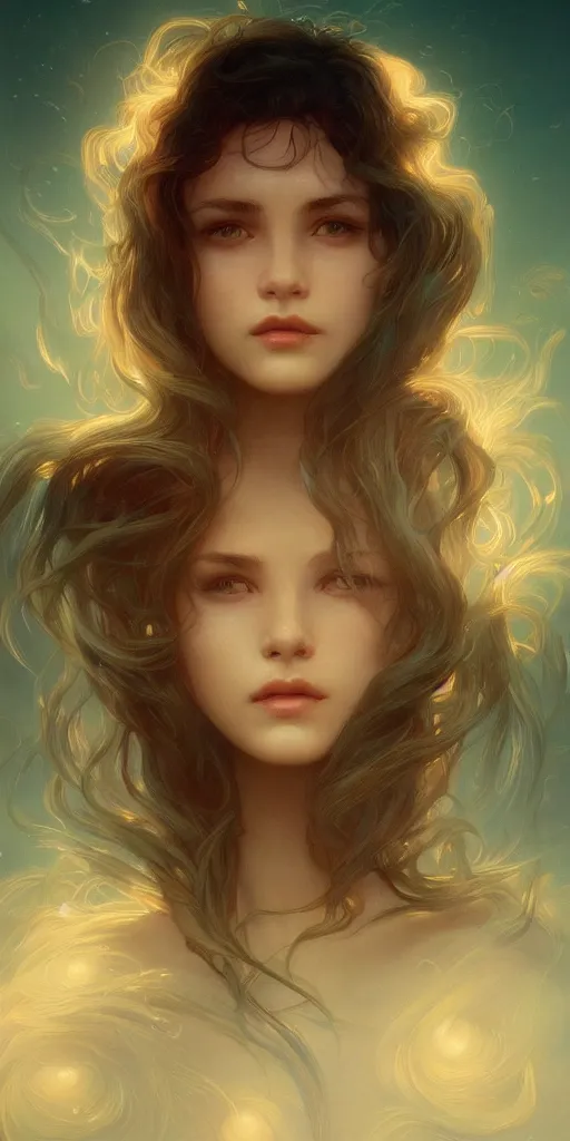 Prompt: haunting beautiful young woman, detailed photo realistic gorgeous face turning waves, dark, ominous, sad eyes, glowing hue of teal, vaporwave aesthetic, synthwave , digital painting, artstation, concept art, smooth, sharp focus, illustration, art by artgerm and greg rutkowski and alphonse mucha