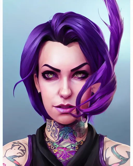 Image similar to beautiful female purple hair with dagger tattoo symmetrical face eyes full length fantasy art apex fortnite Video game icon, 2d game art gta5 cover , official fanart behance hd artstation by Jesper Ejsing, by RHADS, Makoto Shinkai and Lois van baarle, ilya kuvshinov, rossdraws