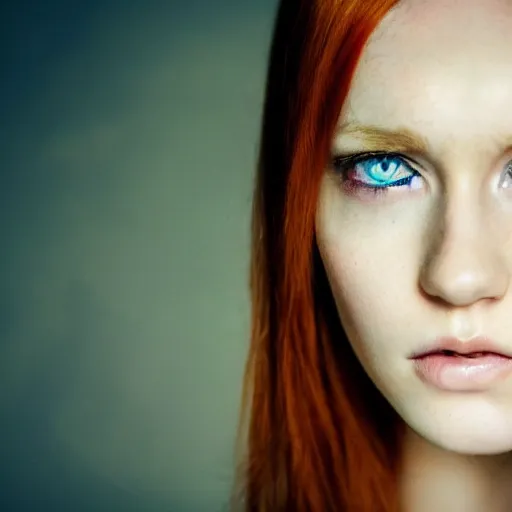 Prompt: beautiful female angel, red hair, green eyes, light skin, asymmetrical face, ethereal volumetric light, sharp focus