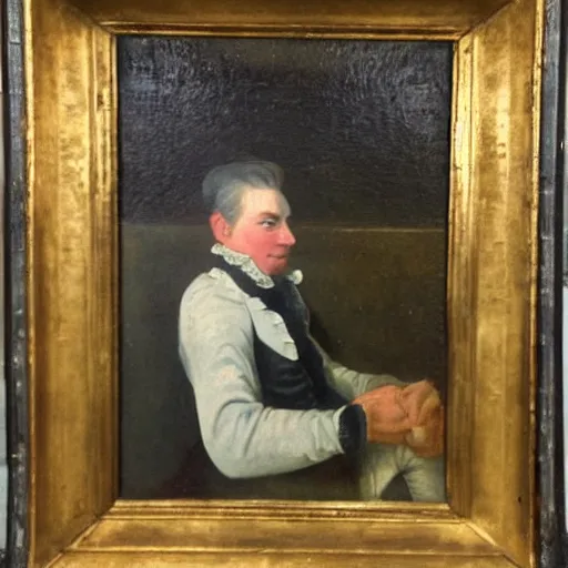 Prompt: oil painting of an 1 8 th century man drinking at a bench, some of the details of the frame are visible in his face