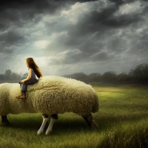 Image similar to girl riding a giant sheep in a field, trending on artstation