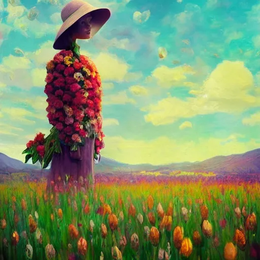 Image similar to woman with flower as face, surreal photography, standing in flower field, sunrise dramatic light, impressionistic painting, colorful clouds, artstation, dali, simon stalenhag