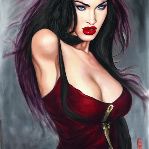 Image similar to megan fox as a vampire, silk, painting