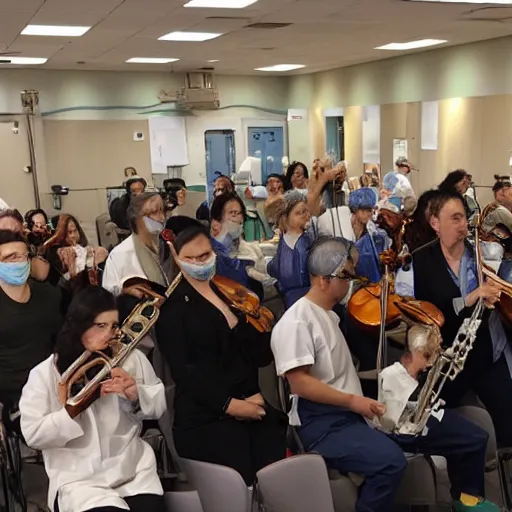 Prompt: doctors playing music with instruments made out of clear tubing, syringes, urine collection bag, iv pole, fluid bag, nebulizer equipment, bag - valve mask, intubation equipment, speculum, defibrillator, coban, flexiseal, picc dressing. capacity crowd at concert in surgical theater.