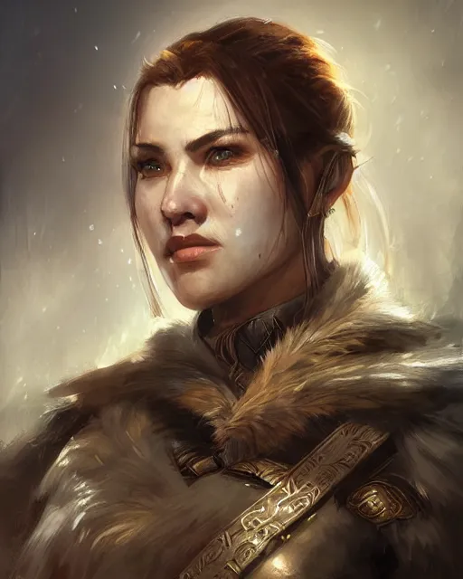 Image similar to the elder scrolls vi, charismatic female nord warrior portrait, illustration, rim light, top light, perfectly shaded, soft painting, art by ross tran, krenz cushart and wenjun lin