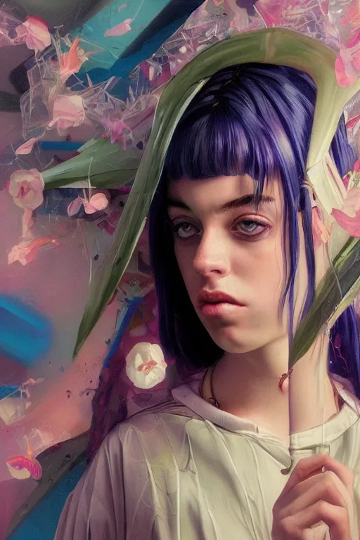 Image similar to billie eilish portrait of a vaporwave girl in a cluttered 9 0 s bedroom, by artgerm, tom bagshaw, gerald brom, vaporwave!, vaporwave colors!, symetrical, 4 k, lo fi colors, lo fi, 4 k, hd,