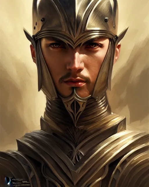 Prompt: Muscular and powerful medieval male knight portrait, art nouveau, fantasy, intricate triangular designs, elegant, highly detailed, sharp focus, art by Artgerm and Greg Rutkowski and WLOP