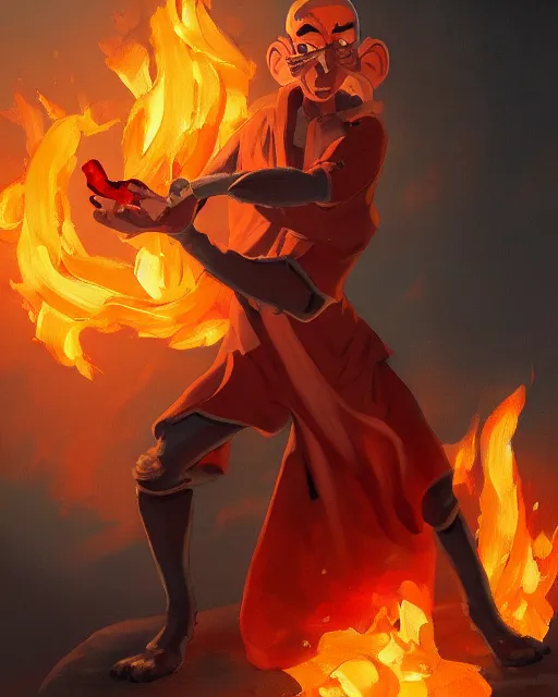 Image similar to [ squidward ] wearing fire nation clothing and practicing firebending outside at susnset, oil painting, highly [ detailed ], intricate, hd, sharp focus, photorealistic, by moebius and greg rutkowski, trending on artstation, trending on cgsociety, realistic shading and lighting