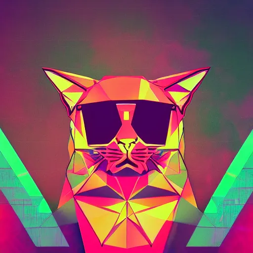 Image similar to high quality photo of cat, digital art, polygonal art, cyberpunk, synthwave