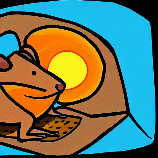 Image similar to rat made of slices of cheese with a sunset in the background, digital art