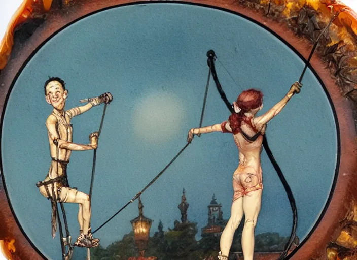 Prompt: tightrope walker painting carved in amber by chiara bautista and norman rockwell and greg rutkowski weta studio