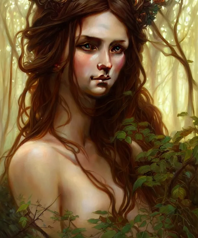 Image similar to Forest nymph woman portrait, amber eyes, face, long hair, fantasy, intricate, elegant, highly detailed, digital painting, artstation, concept art, smooth, sharp focus, illustration, art by artgerm and greg rutkowski and alphonse mucha