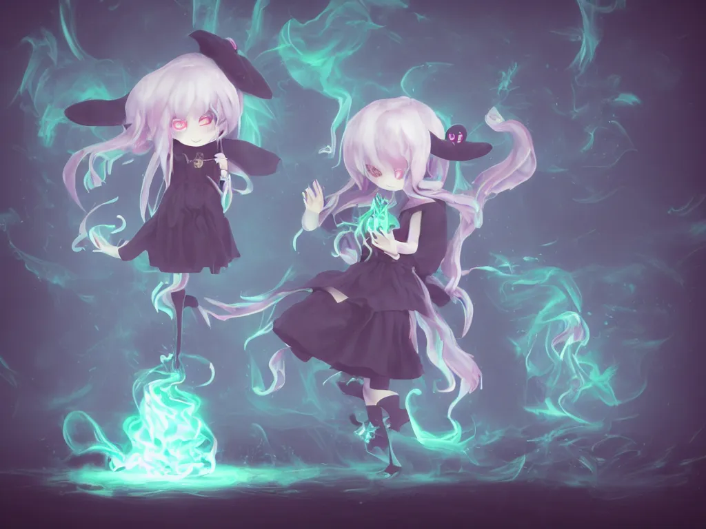 Image similar to cute fumo plush girl witch stirring a cauldron swirling with strange energy, ominous cauldron of glowing potion, eldritch gothic horror, smoke and volumetric fog, witch girl, soothsayer, lens flare glow, chibi anime, vray