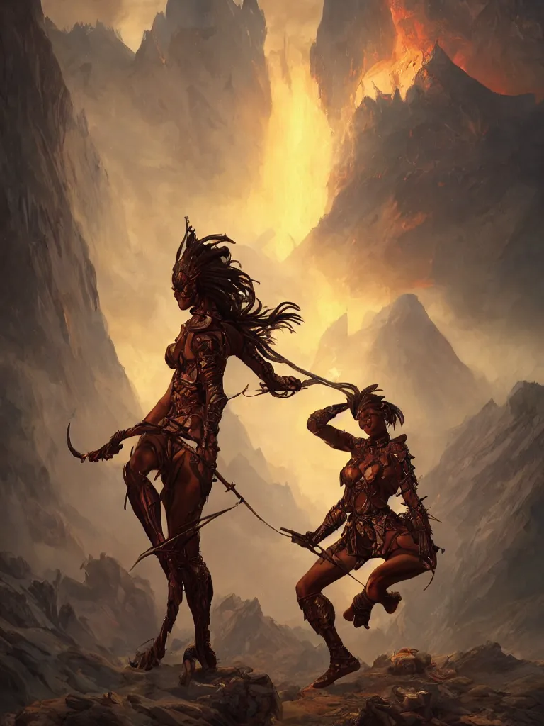 Image similar to An epic fantasy portrait painting of a spider-legged warrior woman with hair spikes standing in front of a volcano eruption, illustration, detailed, award-winning, trending on artstation, by artgerm and Greg Rutkowski and Alphonse Mucha