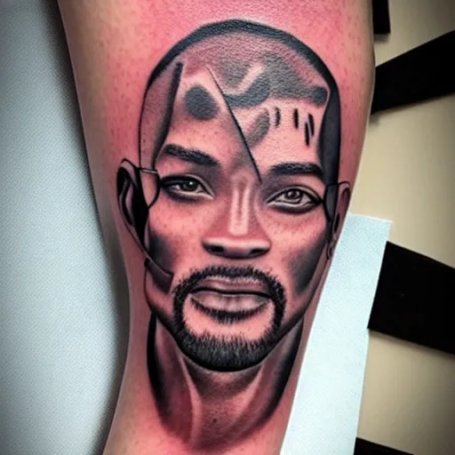 Image similar to flash photo of a tattoo on a man’s arm that looks like Will Smith as the terminator