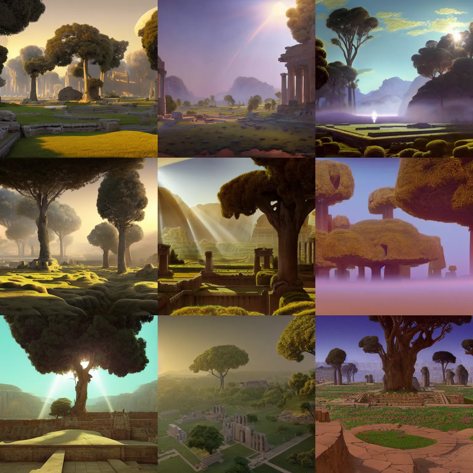 Prompt: a big and structured landscape of an ancient civilization city inspired by ancient rome with a portal to outer space 4k digital art unreal engine trending on artstation pearly flagstones, giant trees, god rays, bloom, volumetric fog, moody ambiance, cinematic lighting, twilight, sunset, rose and lavender and amber tones, Maxfield Parrish, Brom, Caravaggio, Da Vinci, Rubens, fantasy character, portfolio illustration, highly detailed, trending on Artstation, CGsociety, HQ, 8k, 35mm lens, f2.8, Bokeh