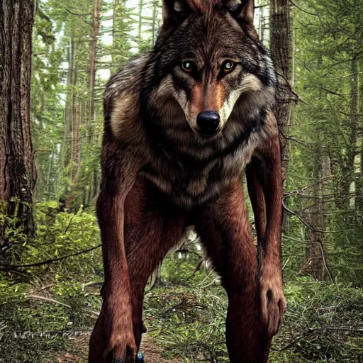 Image similar to human! wolf werecreature, photograph captured at woodland creek