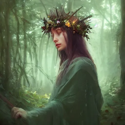 Image similar to forest person, cloak, small flower crown, in an open forest, by Greg Rutkowski, trending on artstation, unreal engine, 4k, digital art