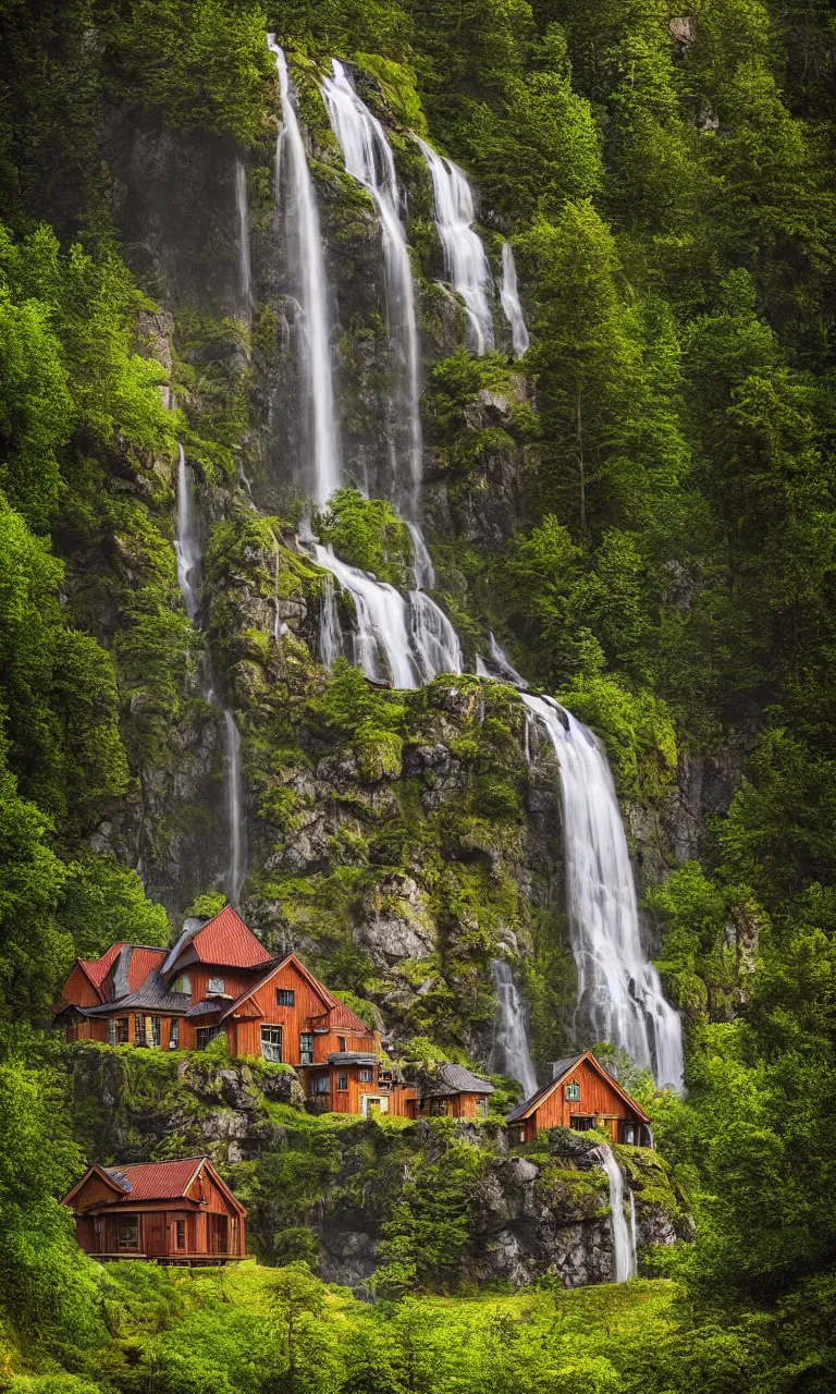 Image similar to beautiful large scandinavian house in the forest on a hill, a large waterfall flows down from the mountain in the background, vector art, fabulous, random cinematic view, no noise, global illumination, warm lighting, volumetric, by jordan grimmer