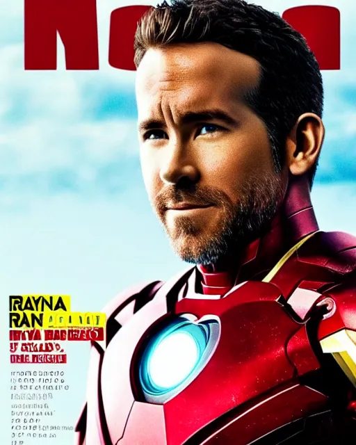 Prompt: ryan reynolds wearing an iron man suit without the mask, magazine cover, dramatic, studio lighting, photoshoot