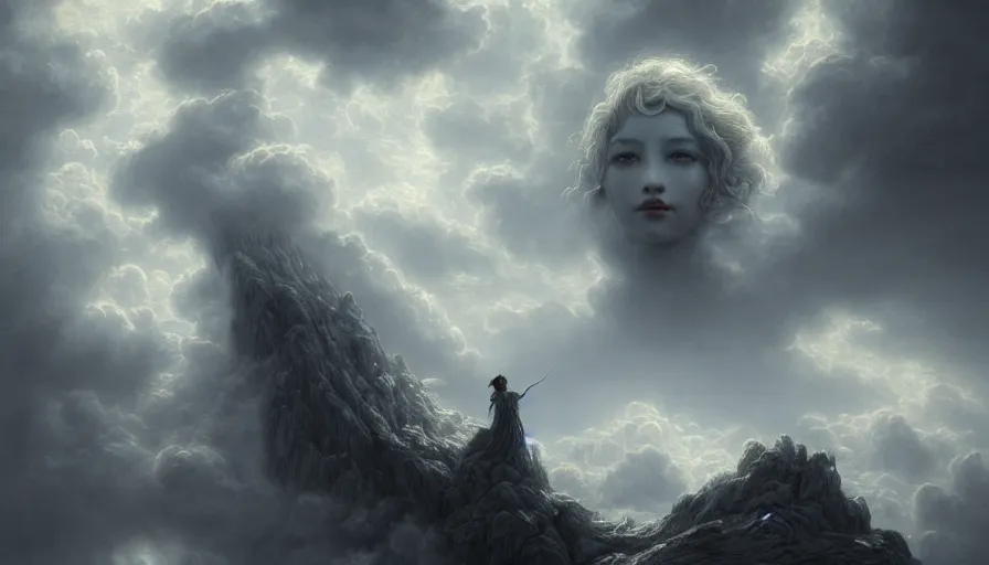 Image similar to face in the clouds, face made out of clouds, fantasy, dramatic, intricate, elegant, highly detailed, digital painting, artstation, concept art, smooth, sharp focus, illustration, art by gustave dore, octane render