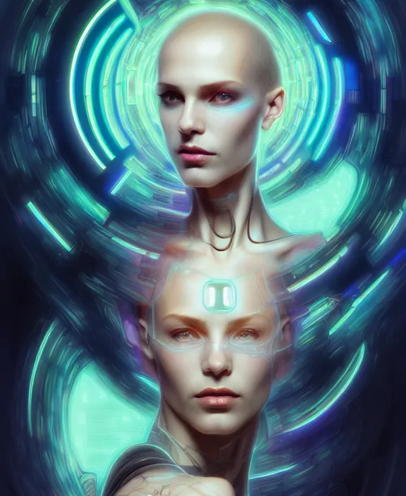 Image similar to a whirlwind of souls rushing inside the metaverse, hologram, half body, neurochip, shaved temple, piercing, jewelry, android, cyborg, cyberpunk face, by loish, d & d, fantasy, intricate, elegant, highly detailed, colorful, digital painting, artstation, concept art, art by artgerm and greg rutkowski and alphonse mucha