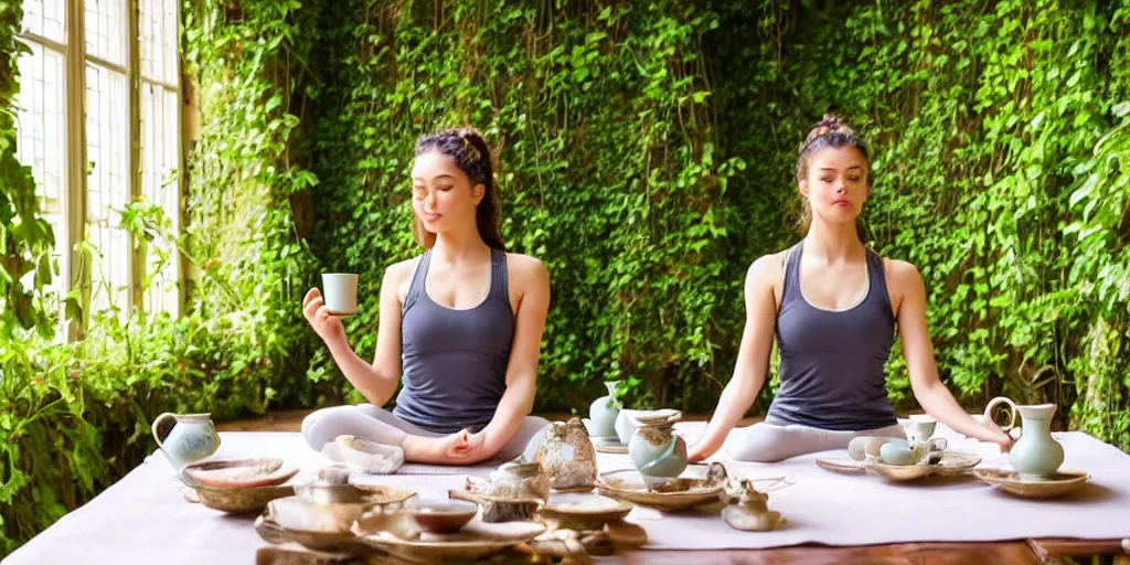 Prompt: a dreamy young woman wearing a yoga outfit having fancy tea and tea time with Mallard Duck at the table with her, enjoying the tea. Seated at a beautiful tea table inside an opulent, ornate, abandoned overgrown Palace of Versailles, lush plants growing through the floors and walls, walls are covered with vines, beautiful, dusty, golden volumetric light shines through giant broken windows, golden rays fill the space with warmth, rich with epic details and dreamy atmosphere