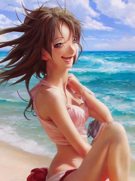 Prompt: Classical oil painting of a smiling anime woman on the beach near the ocean, stylistic, brush strokes, oil, canvas, beautiful portrait, by Stanley Artgerm Lau, WLOP, Rossdraws, James Jean, Andrei Riabovitchev, Marc Simonetti, and Sakimi chan, anime portrait, official anime artwork