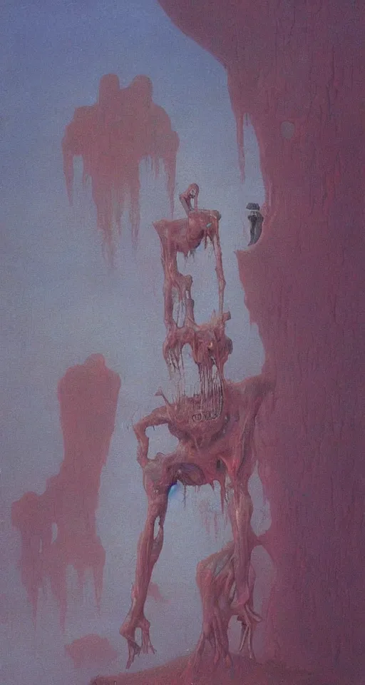 Image similar to Painting in a style of Beksinski featuring a giant alien crying. Pain and suffering in the background