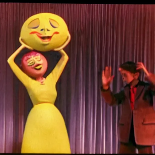Image similar to still from a live - action children's show about a beautiful woman and an anthropomorphic stomach, technicolor, on stage in front of a live studio audience, 1 6 mm film, woman in a glamorous dress