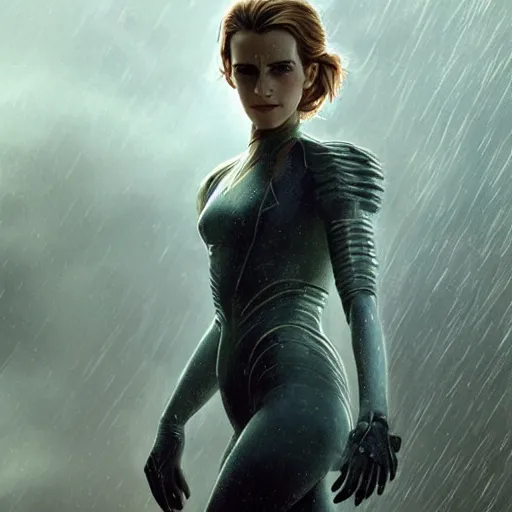 Image similar to a highly detailed matte portrait of emma watson dressed as seven of nine running through a thunderstorm, scifi by star trek, unreal engine, volumetric lighting, exquisite detail, 8 k, art by greg rutkowski and alphonse mucha