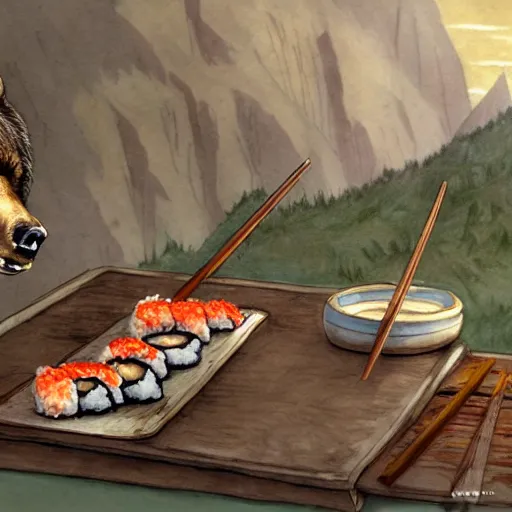 Image similar to bear eating sushi with chopsticks, a detailed matte painting by anton pieck, deviantart contest winner, fantasy art, concept art, official art, matte drawing