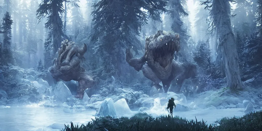 Prompt: gamekeeper hunting for mystical forest monster. realism in style of fornite game. bio luminescent, plasma, ice, water, wind, creature, artwork by tooth wu and wlop and beeple and greg rutkowski, epic cinematic shot, perfectly defined features, ambient occlusion