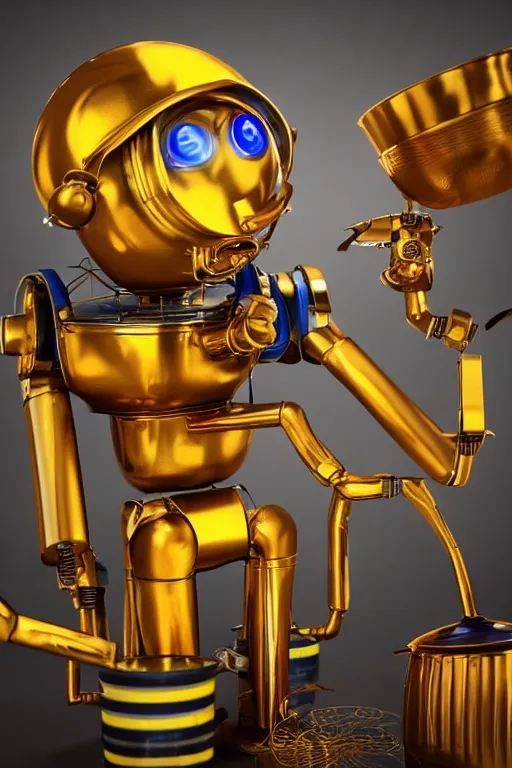 Image similar to portrait photo of a giant golden and blue metal steampunk kitchen robot cook chef with pots and pans and tubes, wearing a big chef hat, eyes are green lights, shiny crisp finish, 3 d render, 8 k, insaneley detailed, fluorescent colors, background is multicolored lasershow