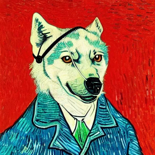 Image similar to retarded wolf portrait, van gogh style, pink headphones