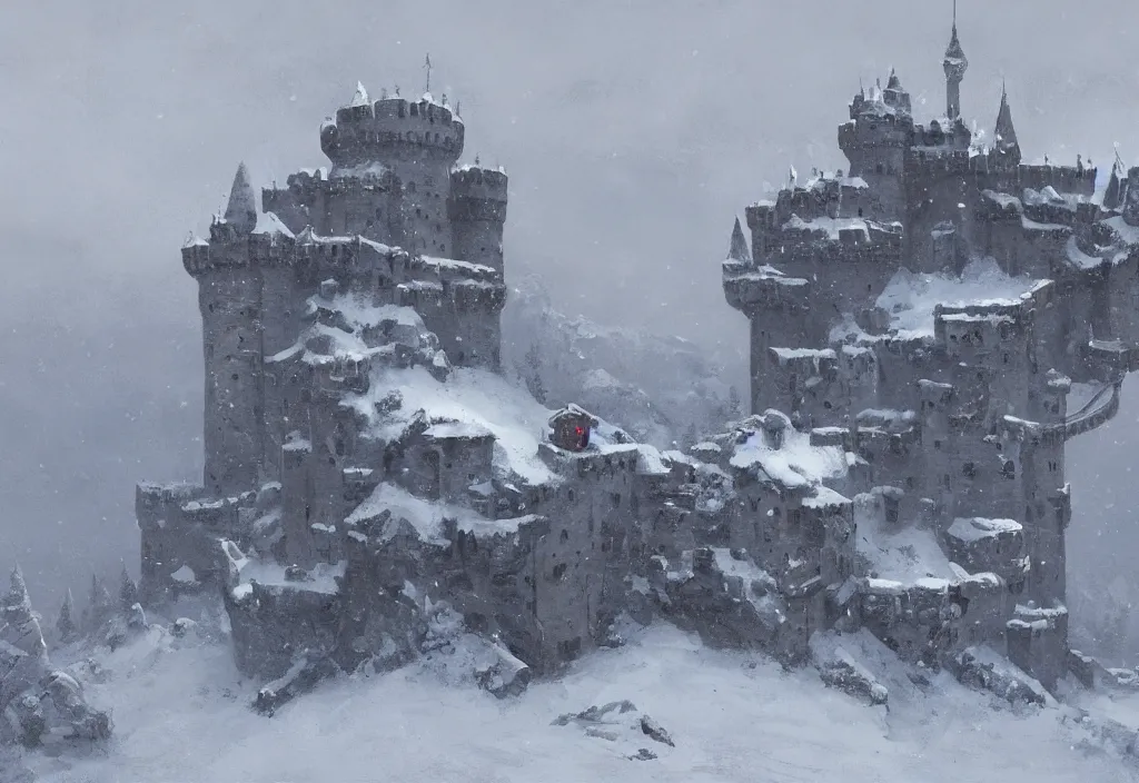 Image similar to large medieval castle on top of a snowy mountain, artstation, jakub rozalski, high detail, wandering knights