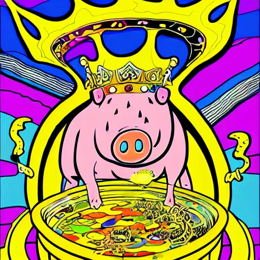 Image similar to trippy comic art of a pig wearing a gold crown eating out of an empty bowl, drawn by Martin Rowson, Tim Burton, Studio Ghibli, Alex Pardee, Nekro Petros Afshar, James McDermott, colors by lisa frank, unstirred paint, vivid color, cgsociety 4K