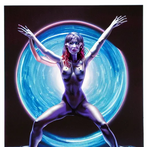 Image similar to infinity shot of a witch standing in front of a portal, surrealist painting by Hajime Sorayama