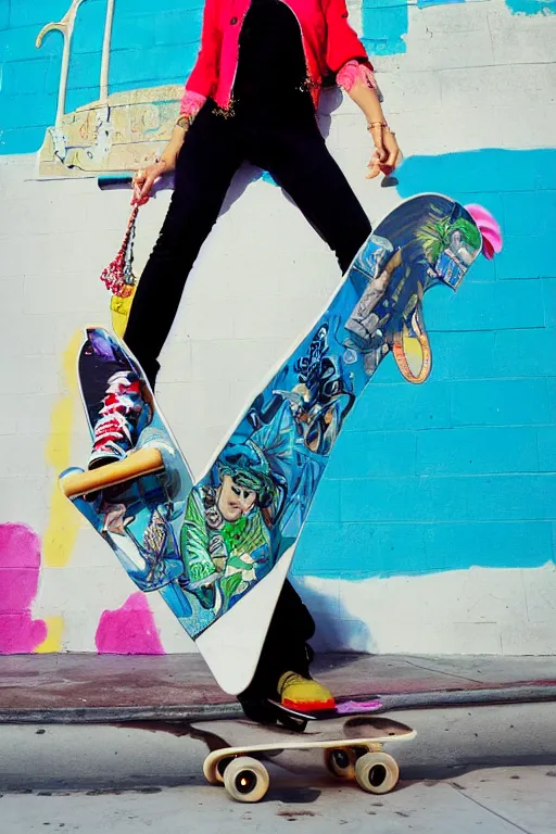 Image similar to a portrait of a fashionable gran on a skateboard in los angeles, in the style of david lachapelle