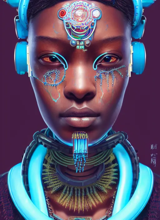 Prompt: portrait of a cyberpunk machine, machine face, upper half portrait, decorated with beads, african man, cyan spike aura, traditional chinese art, intricate, elegant, highly detailed, headpiece, digital painting, artstation, concept art, smooth, sharp focus, illustration, art by artgerm and greg rutkowski and alphonse mucha, 8 k