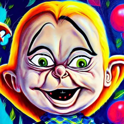 Image similar to painting of chucky by jeremiah ketner and dr seuss | horror themed | creepy
