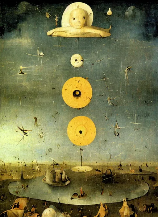Image similar to disc-like floating objects in the sky painted by hieronymus bosch, detailed digital art, trending on Artstation