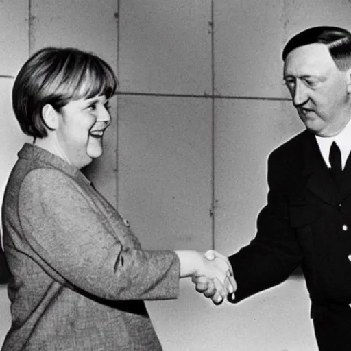 Image similar to chanceler merkel and hitler shaking hands with a mushroom cloud in the background, press photo