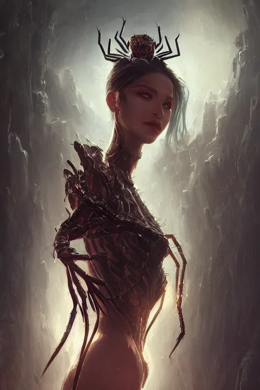 Prompt: a fancy portrait of a spider queen by Greg Rutkowski, Sung Choi, Mitchell Mohrhauser, Maciej Kuciara, Johnson Ting, Maxim Verehin, Peter Konig, final fantasy , mythical, 8k photorealistic, cinematic lighting, HD, high details, atmospheric,