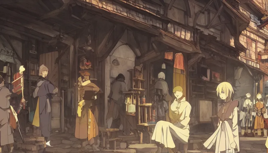 Image similar to “Ais-Wallenstein” at dawn in an medieval isekai market • cinematic anime screenshot by the Studio JC STAFF