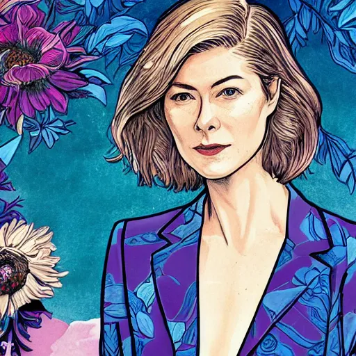 Prompt: rosamund pike as the doctor, dark - hair, wearing a floral pattern suit, bold complementary colours, 2 d matte, graphic novel, art by pepe larraz,