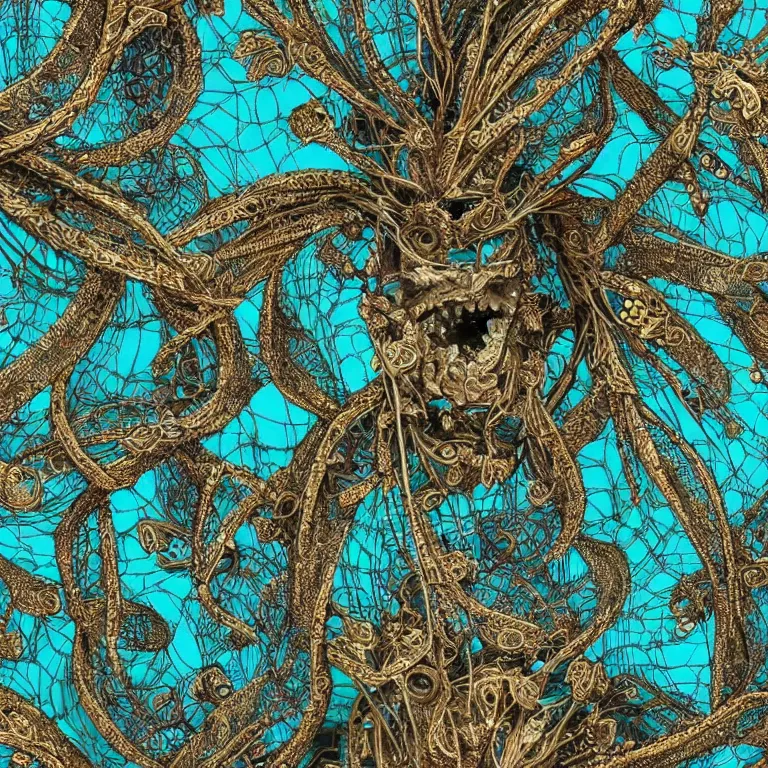 Image similar to dark scene, ultra detailed, of a metal android face made of big leaves and large Dragonflies, stems, roots, fine foliage lace, turquoise gold details, high fashion haute couture, art nouveau fashion embroidered, intricate details, mesh wire, mandelbrot fractal, anatomical, facial muscles, cable wires, elegant, hyper realistic, dark flower pattern wallpaper, ultra detailed